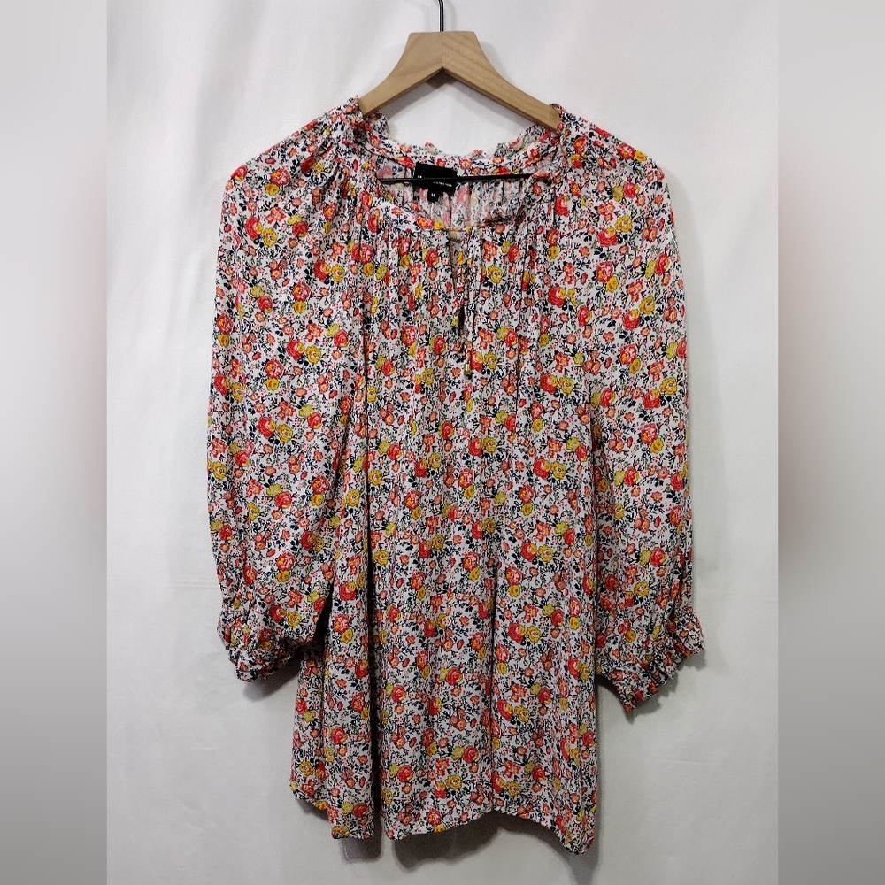 JNY Floral Blouse Women's XL Red Yellow Cottagecore Peasant Retro Y2K 90s Casual